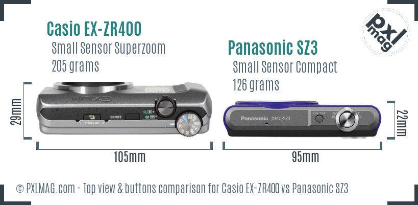 Casio EX-ZR400 vs Panasonic SZ3 top view buttons comparison
