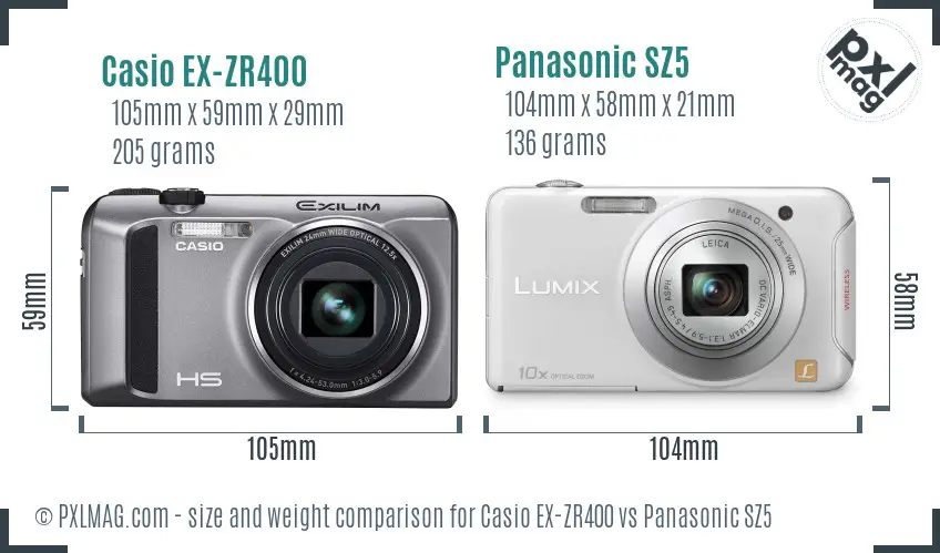 Casio EX-ZR400 vs Panasonic SZ5 size comparison