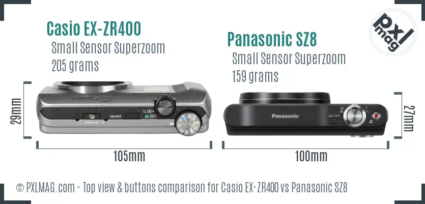 Casio EX-ZR400 vs Panasonic SZ8 top view buttons comparison