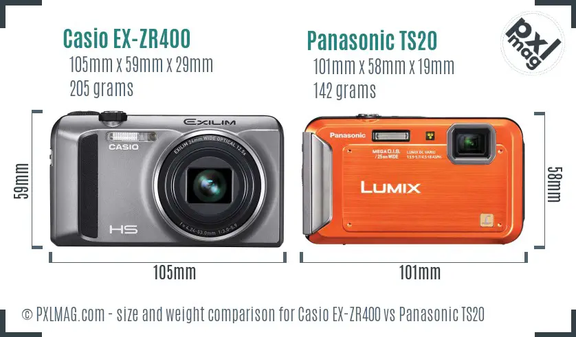 Casio EX-ZR400 vs Panasonic TS20 size comparison