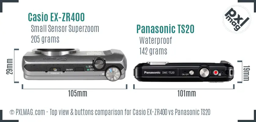 Casio EX-ZR400 vs Panasonic TS20 top view buttons comparison