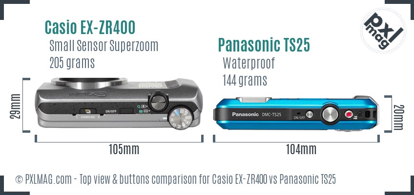 Casio EX-ZR400 vs Panasonic TS25 top view buttons comparison