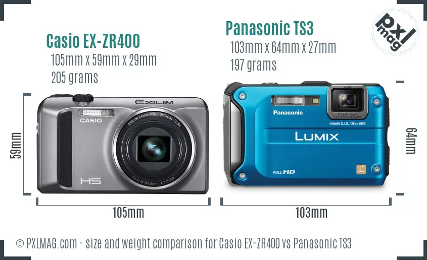 Casio EX-ZR400 vs Panasonic TS3 size comparison