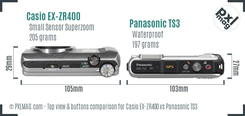 Casio EX-ZR400 vs Panasonic TS3 top view buttons comparison