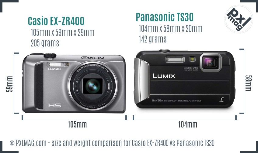 Casio EX-ZR400 vs Panasonic TS30 size comparison