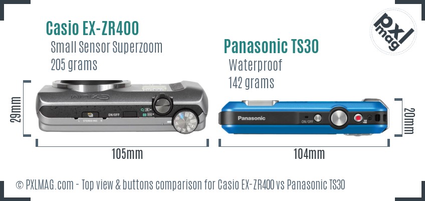 Casio EX-ZR400 vs Panasonic TS30 top view buttons comparison