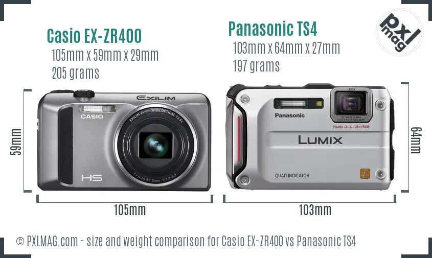 Casio EX-ZR400 vs Panasonic TS4 size comparison