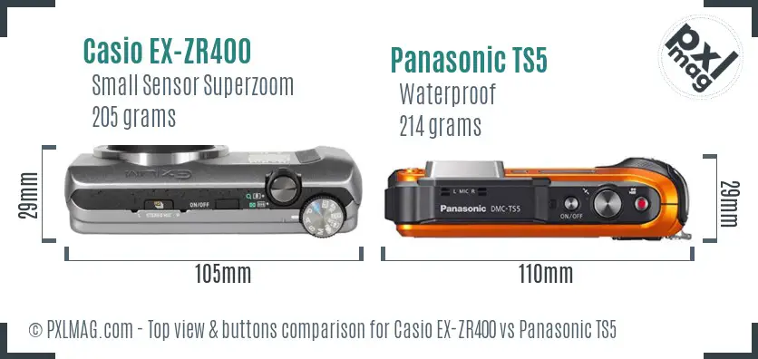 Casio EX-ZR400 vs Panasonic TS5 top view buttons comparison Casio EX-ZR400 vs Panasonic TS5 top view buttons comparison