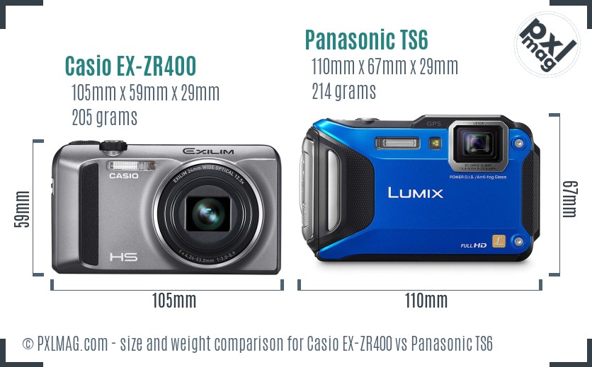 Casio EX-ZR400 vs Panasonic TS6 size comparison