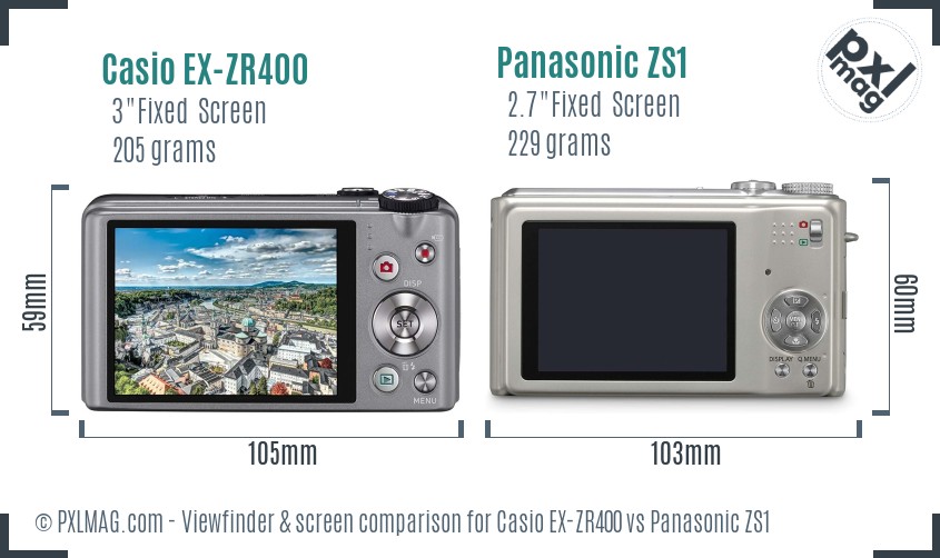 Casio EX-ZR400 vs Panasonic ZS1 Screen and Viewfinder comparison