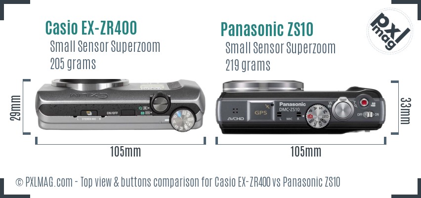 Casio EX-ZR400 vs Panasonic ZS10 top view buttons comparison