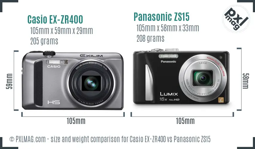 Casio EX-ZR400 vs Panasonic ZS15 size comparison