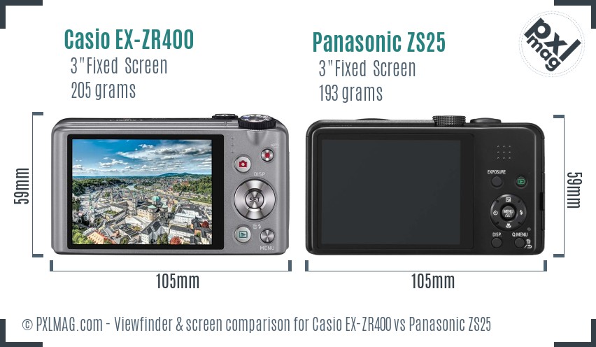Casio EX-ZR400 vs Panasonic ZS25 Screen and Viewfinder comparison