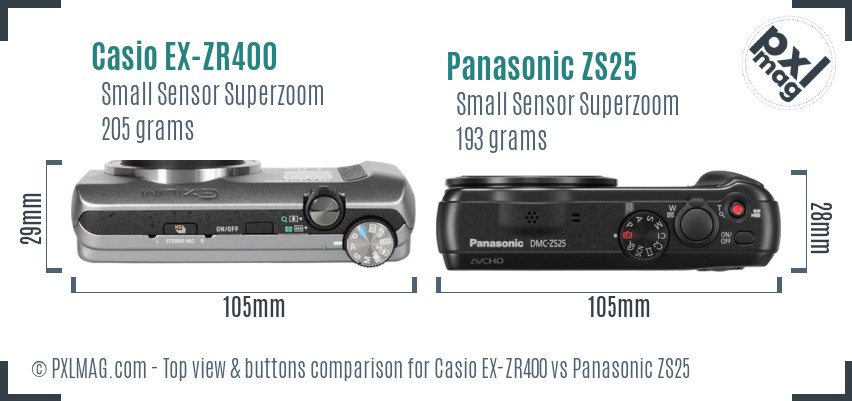 Casio EX-ZR400 vs Panasonic ZS25 top view buttons comparison