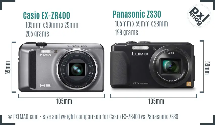 Casio EX-ZR400 vs Panasonic ZS30 size comparison