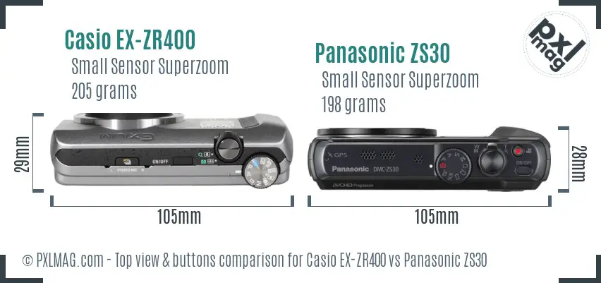 Casio EX-ZR400 vs Panasonic ZS30 top view buttons comparison