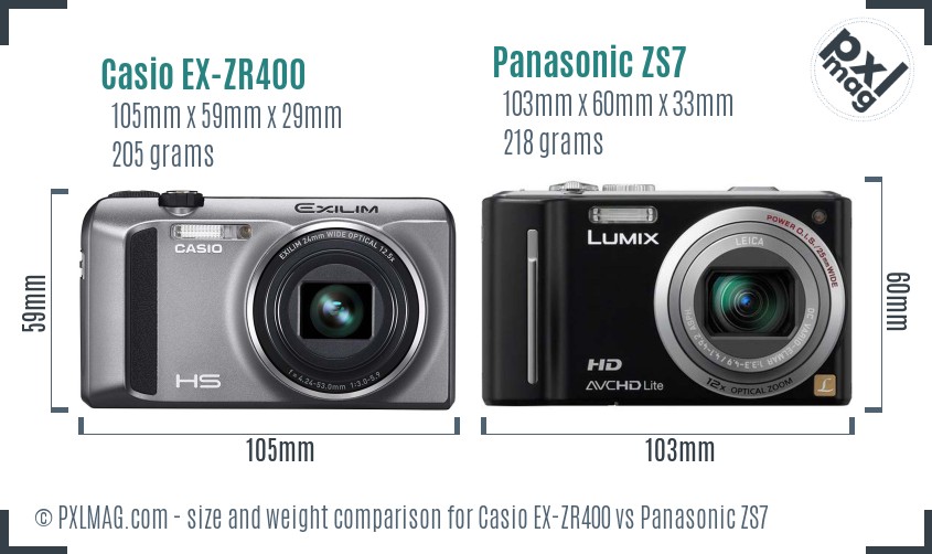 Casio EX-ZR400 vs Panasonic ZS7 size comparison