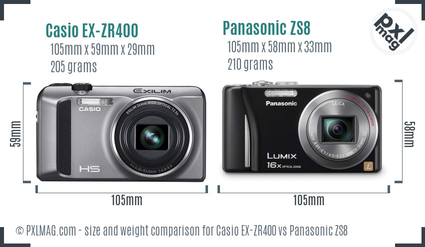 Casio EX-ZR400 vs Panasonic ZS8 size comparison