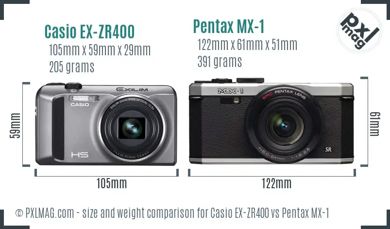 Casio EX-ZR400 vs Pentax MX-1 size comparison