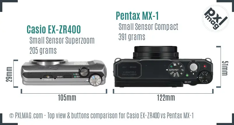 Casio EX-ZR400 vs Pentax MX-1 top view buttons comparison