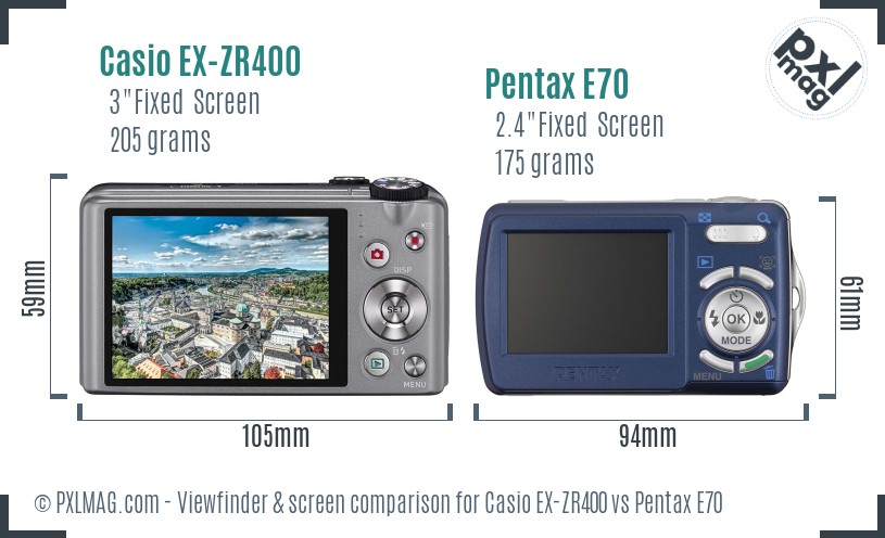 Casio EX-ZR400 vs Pentax E70 Screen and Viewfinder comparison
