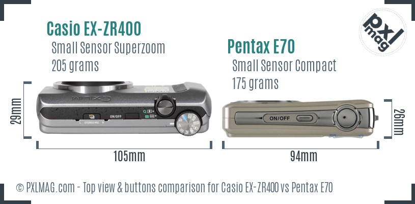 Casio EX-ZR400 vs Pentax E70 top view buttons comparison