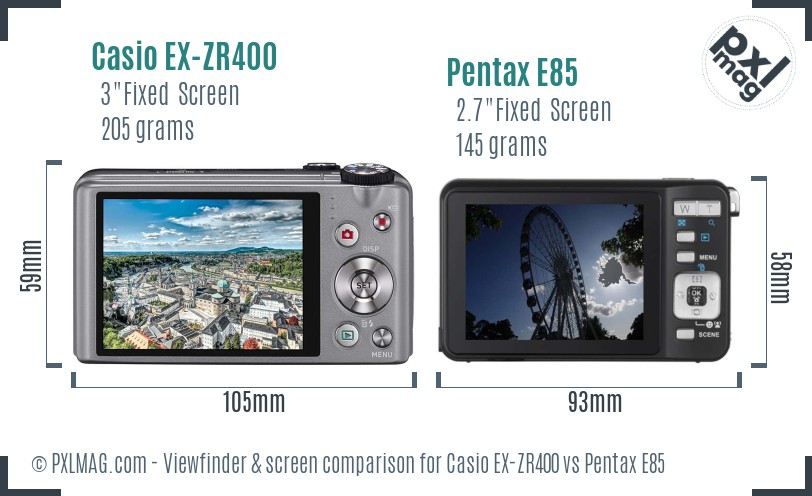 Casio EX-ZR400 vs Pentax E85 Screen and Viewfinder comparison