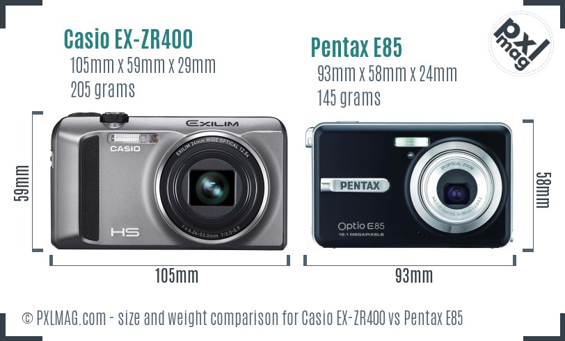 Casio EX-ZR400 vs Pentax E85 size comparison