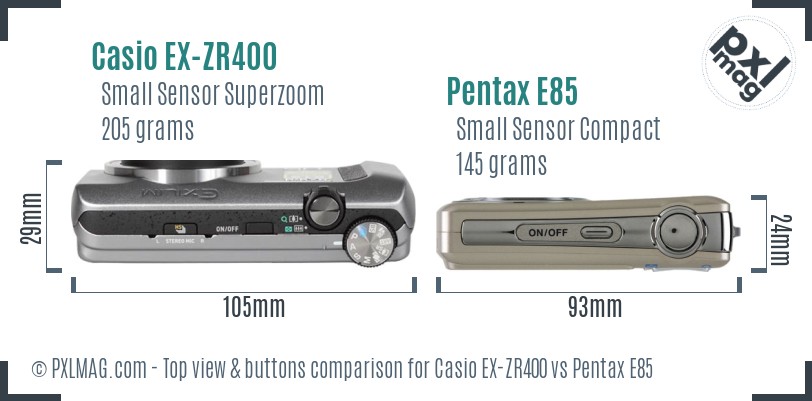 Casio EX-ZR400 vs Pentax E85 top view buttons comparison