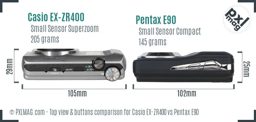 Casio EX-ZR400 vs Pentax E90 top view buttons comparison Casio EX-ZR400 vs Pentax E90 top view buttons comparison