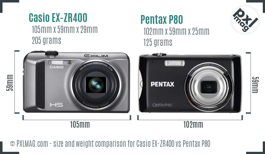 Casio EX-ZR400 vs Pentax P80 size comparison