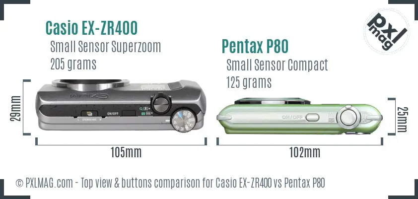 Casio EX-ZR400 vs Pentax P80 top view buttons comparison