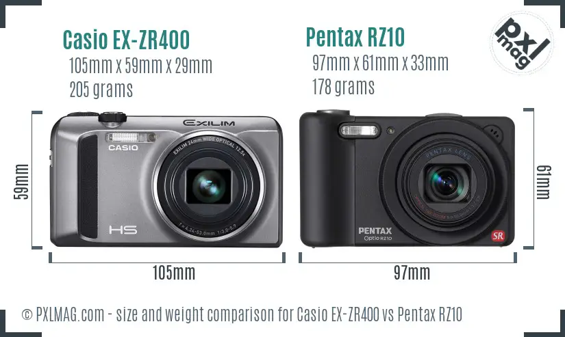Casio EX-ZR400 vs Pentax RZ10 size comparison Casio EX-ZR400 vs Pentax RZ10 size comparison