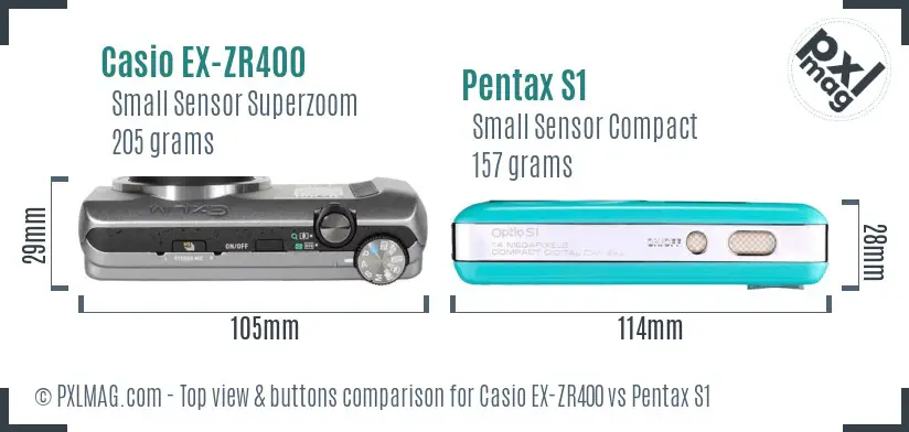Casio EX-ZR400 vs Pentax S1 top view buttons comparison