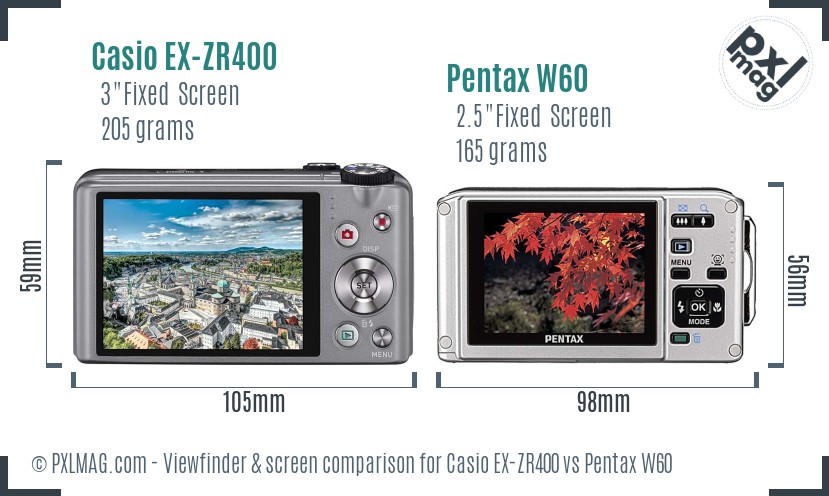 Casio EX-ZR400 vs Pentax W60 Screen and Viewfinder comparison