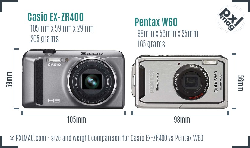 Casio EX-ZR400 vs Pentax W60 size comparison