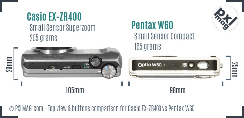 Casio EX-ZR400 vs Pentax W60 top view buttons comparison