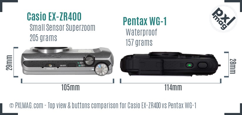 Casio EX-ZR400 vs Pentax WG-1 top view buttons comparison