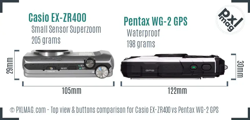 Casio EX-ZR400 vs Pentax WG-2 GPS top view buttons comparison