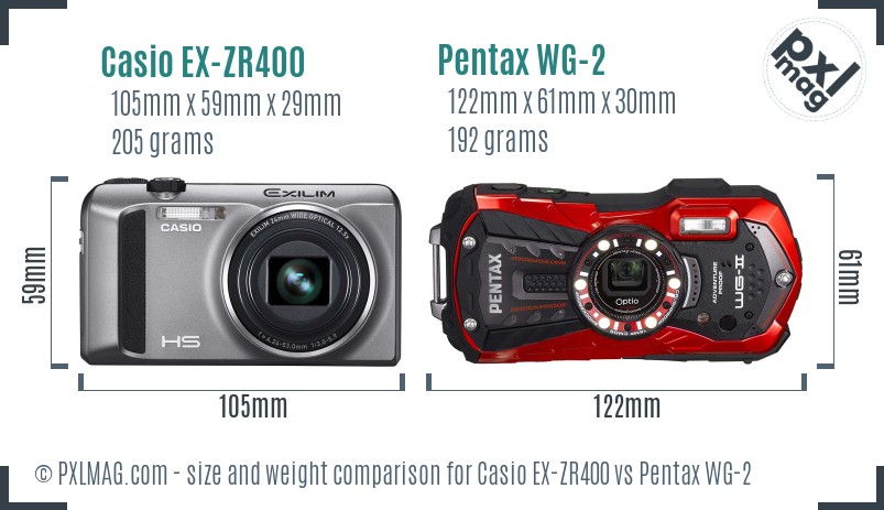 Casio EX-ZR400 vs Pentax WG-2 size comparison