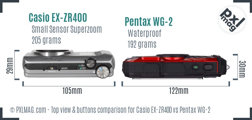 Casio EX-ZR400 vs Pentax WG-2 top view buttons comparison