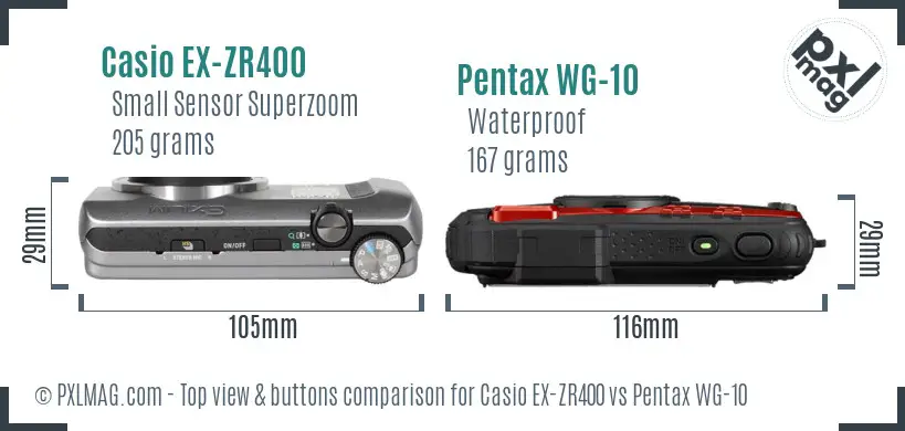 Casio EX-ZR400 vs Pentax WG-10 top view buttons comparison
