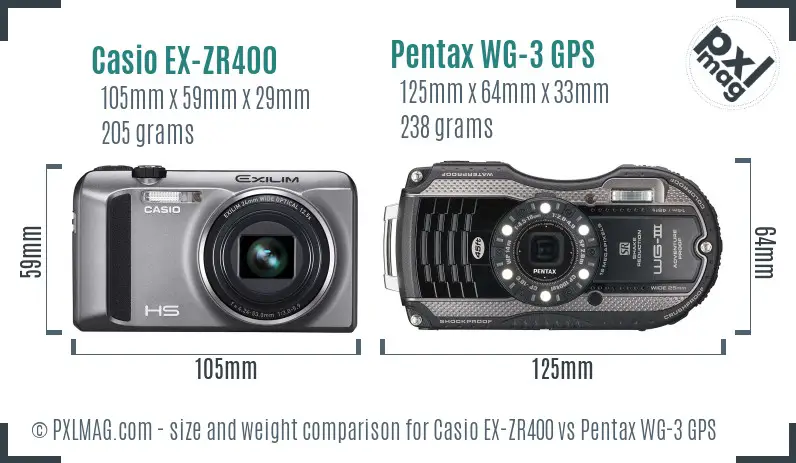 Casio EX-ZR400 vs Pentax WG-3 GPS size comparison Casio EX-ZR400 vs Pentax WG-3 GPS size comparison