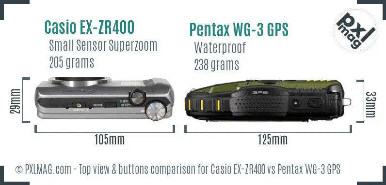 Casio EX-ZR400 vs Pentax WG-3 GPS top view buttons comparison Casio EX-ZR400 vs Pentax WG-3 GPS top view buttons comparison