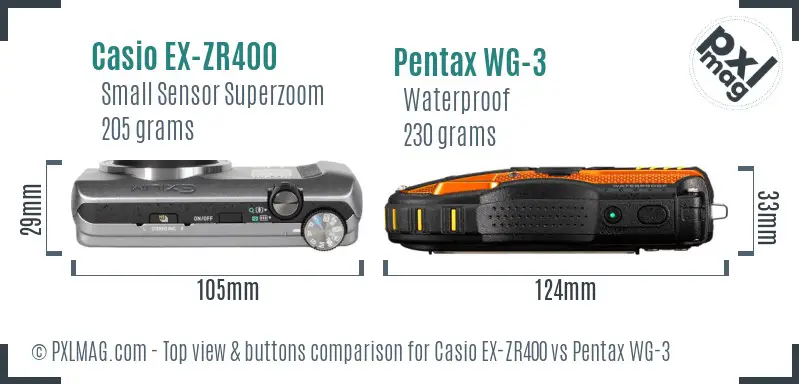 Casio EX-ZR400 vs Pentax WG-3 top view buttons comparison