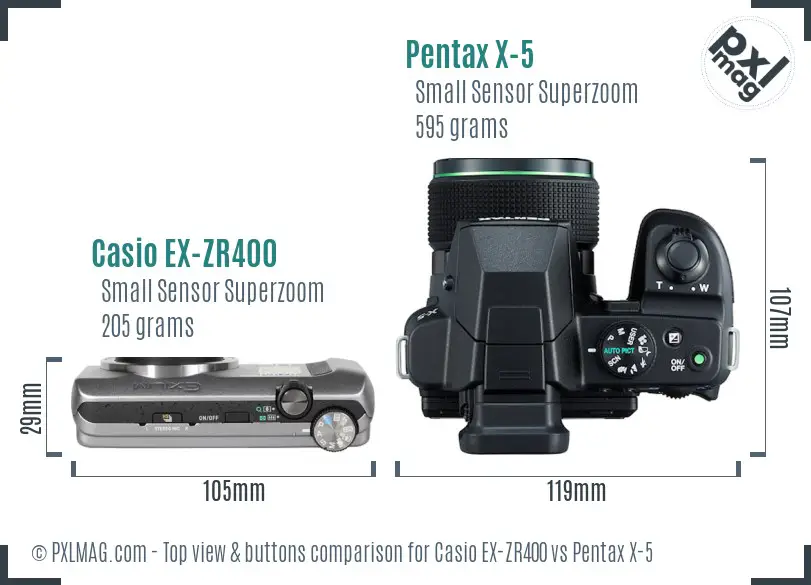 Casio EX-ZR400 vs Pentax X-5 top view buttons comparison Casio EX-ZR400 vs Pentax X-5 top view buttons comparison