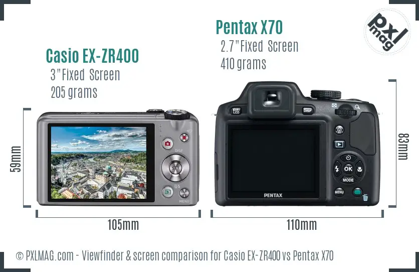 Casio EX-ZR400 vs Pentax X70 Screen and Viewfinder comparison