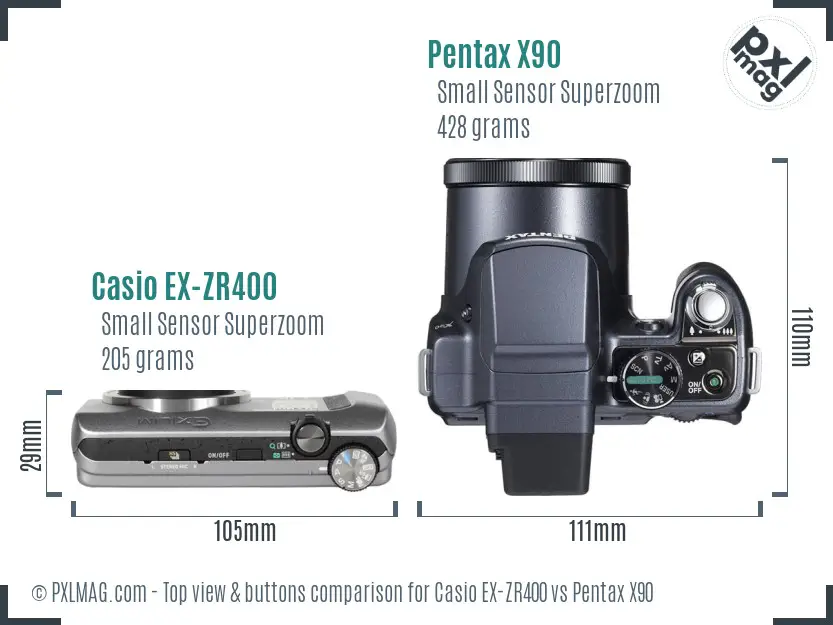 Casio EX-ZR400 vs Pentax X90 top view buttons comparison