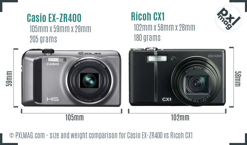 Casio EX-ZR400 vs Ricoh CX1 size comparison