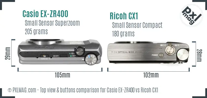 Casio EX-ZR400 vs Ricoh CX1 top view buttons comparison
